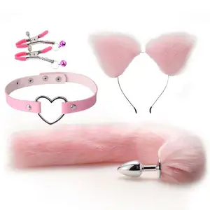 4 Pcs Set Fox Tail Anal Plug Nipple Clip Pu Leather Choker Neck Collar Sex Toys For Woman Cosplay Sex Game Butt Plug