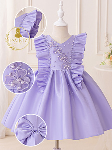 Principessa Saturdays ragazze abito formale in raso vestito estivo collo a-collo decorazione in pizzo modello solido fiore ragazza L6026 bambini - Product Image 3