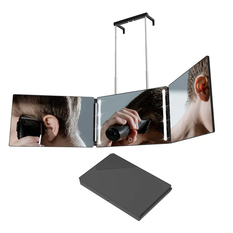 Docarelife Portable LED Adjustable Brightness 3 Way Trifold Haircut Mirror Hanging 360 Degrees Self Hair Cutting Dressing Mirror
