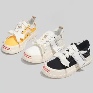 2023 Hot sales latest original design thick sole flat women sneakers casual height increasing smiling face white canvas shoes