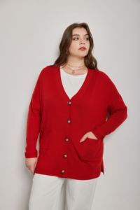 <strong>Women</strong> Winter Clothes 2026 Knit <strong>Cardigan</strong> in <strong>Red</strong> Button Closure with Side Slits and V Neck Functional Pockets for Wholesale - Product Image 5