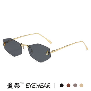 Lunettes de soleil polygonales sans monture en forme de F, en métal, UV400, pour femmes, couleur or - Product Image 1