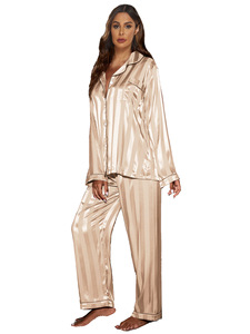 Set di Loungewear con Logo personalizzato autunno inverno rosa con bottoni larghi a righe tinta unita a manica lunga pigiama Casual da <span class=keywords><strong>donna</strong></span> a righe a 2 pezzi - Product Image 6