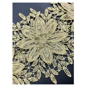 Cortina floral de renda para decoração de roupas, tecido metálico de lafaias floridas em 3D dourado solúvel em água LT10