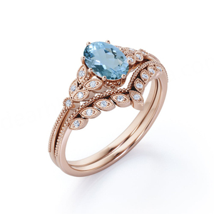 Conjunto de Anillos de Aguamarina Genuina de Joyería de Moda, Anillo de Boda de Plata de Ley 925 para Mujer - Product Image 1