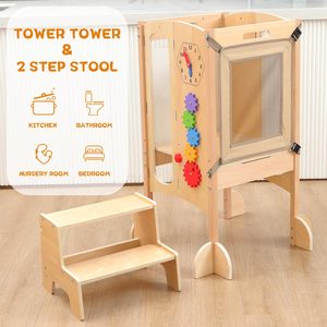 In legno 2 in 1 torre di apprendimento e 2 sgabello passo sedia Montessori torre in piedi con lavagna attività giochi - Product Image 2