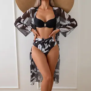 2024 New High Waist Bikini Set Cover Up Sexy Women Swimsuit Swimwear Three Piece Set Floral Strappy Brazilian Beachwear Bikini