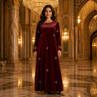 Abaya brodée à col rond, manches longues, en velours, robe de soirée maxi musulmane, robe kaftan luxueuse à perles pour mariage et fête