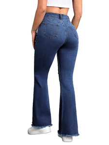 YUANBOFEI Nouvelle Collection <span class=keywords><strong>Jean</strong></span> Évasé en Denim de Haute Qualité pour <span class=keywords><strong>Femme</strong></span>, Style Vintage Délavé, Effet Délavé, Ourlet <span class=keywords><strong>Brut</strong></span> et Découpes Cœur - Product Image 2