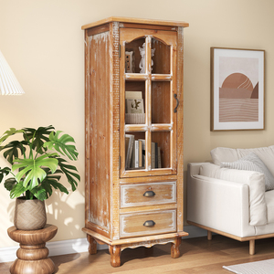 Armoire de rangement rustique en bois avec porte décorative découpée et 2 tiroirs, organisateur étroit et <span class=keywords><strong>haut</strong></span> pour salon, chambre à coucher - Product Image 2