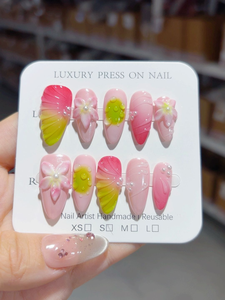 <span class=keywords><strong>Uñas</strong></span> postizas acrílicas hechas a mano con cobertura completa, forma de almendra, azul cielo y blanco, con mariposa 3D, lazo, diamantes de imitación y perlas, para <span class=keywords><strong>verano</strong></span>, venta al por mayor a granel - Product Image 4