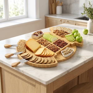 GL Design Unique <span class=keywords><strong>de</strong></span> Plateau Rond Extensible en Bambou pour <span class=keywords><strong>Fromage</strong></span> et <span class=keywords><strong>Charcuterie</strong></span> Avec Deux Bols en Céramique et un Jeu <span class=keywords><strong>de</strong></span> Couteaux - Product Image 1