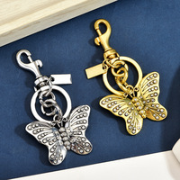 Porte-clés vintage papillon en strass, breloque de sac papillon en métal doré et argenté avec fermoir mousqueton, accessoire de sac à main