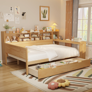 Modern Wooden Full Size Daybed with Storage Shelves Multi-functional Bed with Two Storage Drawers <b>Study</b> <b>Desk</b> Natural for Bedroom - Product Image 1