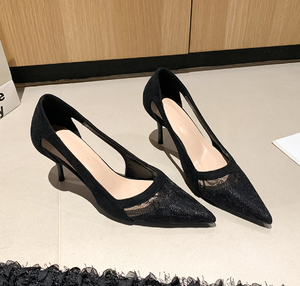 Scarpe con Tacco Alto in Pizzo Nero, Stile Francese Sexy ed Elegante, Nuova Collezione Primavera-Estate, <span class=keywords><strong>Sandali</strong></span> Traspiranti in Velluto - Product Image 1
