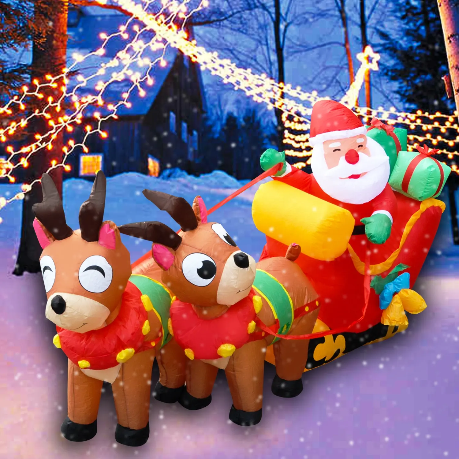 6 רגל 180 ס""מ שני צבי מושך את העגלה ציוד למסיבה לקישוט חג המולד מתנפח עם נורות LED תפאורה מתנפחת