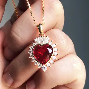 5 карат Лаборатория красный рубин драгоценный камень ожерелье с 18 "цепи огранка «сердце» алмаза 14k желтого цвета для женщин, свадебная подвеска, колье