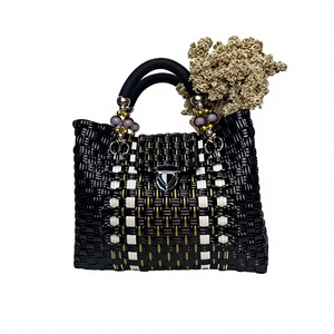 Handmade Woven Plastic Tote Bag Fashion Vintage Pearl Beaded Handle Summer Beach Shopping <b>Handbag</b> Custom Eco Friendly Tote Bag - Product Image 1