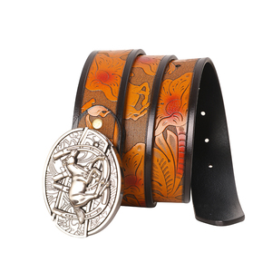 Ceinture en cuir pour homme style western cowboy avec boucle en fer à cheval rétro et motif floral gaufré, en PU noir - Product Image 2