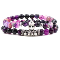 Ensemble de bracelets en pierre d'agate violette naturelle de 8 mm, chaîne en argent, tête de lion, hibou, Bouddha, perles, bracelet pour homme, matériau en corde, ensembles de bijoux