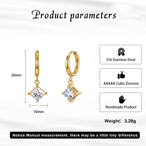 316 Stainless Steel Hoop <b>Earrings</b> Square Cut Cubic Zirconia <b>Dangle</b> <b>Earrings</b> Jewelry for Women Non Tarnish Daily Wear - Product Image 4