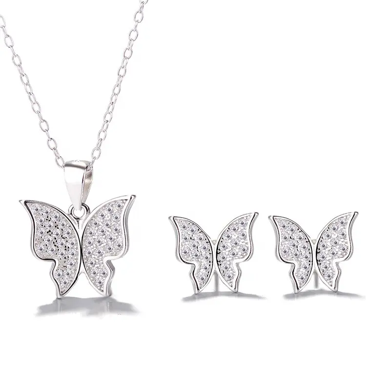 Grosir perak asli 925 Set perhiasan kupu-kupu Pave liontin Dan anting anak perempuan