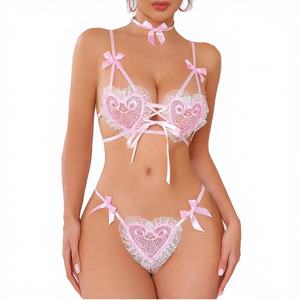 Conjunto de Lencería Sexy para Mujer, Top de Encaje Estampado con Abertura en la Entrepierna, Transpirable, Negro, Blanco, Transparente, Sujetador, Braguitas Hipster - Product Image 3