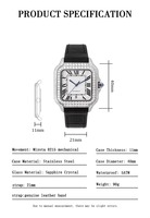 Reloj Automático MIYOTA para Hombre, Caja Cuadrada, Diseño de Corazón Abierto, Esqueleto Transparente, Caja de Moissanita, Correa de Cuero Blanca