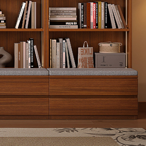NKAHS Modern <b>Walnut</b> <b>Bookcase</b> With Glass Doors And Storage Bench Five Tier Living Room Cabinet Multifunctional Design - Product Image 2