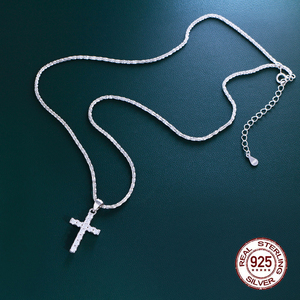 Nuovi Arrivi <span class=keywords><strong>Collana</strong></span> Brillante con Ciondolo a Croce in Argento Sterling S925 con Zirconi Cubici Scintillanti Catena a Clavicola e Doppia Catena - Product Image 6