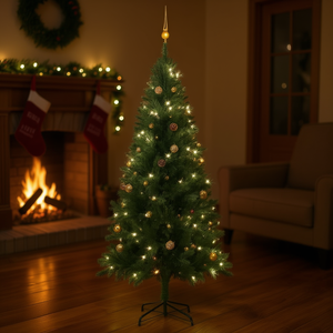 Árbol de Navidad Artificial Verde Preiluminado de 70.9 Pulgadas, Tipo Pino, con Juego de Bolas, Luces LED Blancas Cálidas, Base Incluida - Product Image 2