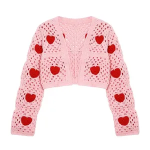 DiZNEW Pink Love Sweater Jacke aushöhlen reine handgemachte Haken Blume kurze Strickjacke Frauen Pullover