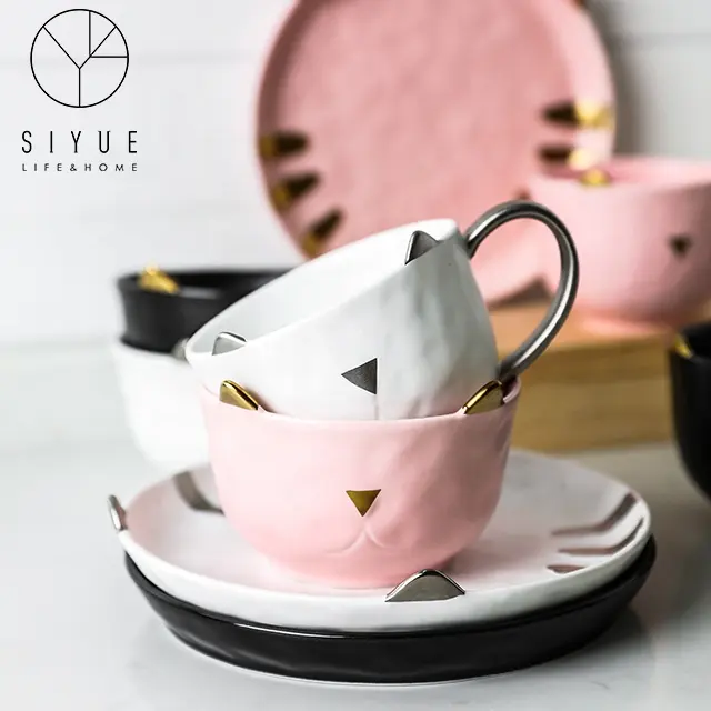 Unique Design Cat Shape Dinnerware Set Cute Western Food Plates Rice Bowls Coffee Tea Mug With Golden Handle For Gift 1796