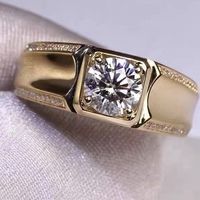 R315 Herrenring aus Messing, vergoldet, verstellbar, offener Ring mit rundem Moissanit-Zirkonia-Stein, quadratischer Rahmen, luxuriöser breiter Fingerring