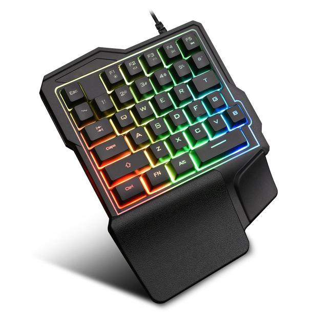 One Hand RGB Gaming Keyboard, 35keys USB Wired Rainbow Letters Glow Single Hand Keyboard with Wrist Rest Support Multimedia Keys
