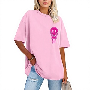 T-shirt rose surdimensionné pour femme, imprimé Smiley de dessin animé, coupe ample, manches courtes, col rond, jersey de coton, haut printemps-été - Product Image 1
