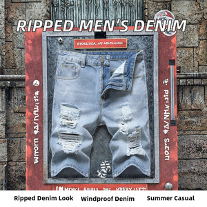 Shorts en jean déchirés pour hommes, respirants, mi-longs, tricotés, style streetwear, bleu clair, grandes tailles, décontractés pour l'été – Vente en gros - Product Image 2