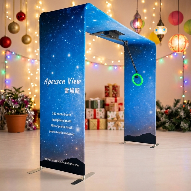 Hot sale Newest Light Weight Overhead 360 Photo Booth With Led Lights for 10 People Power Bank Sticker with flight case