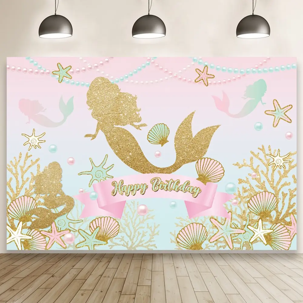 Gold Glitter Purple Green Under The Sea Our Little Mermaid Scales Happy Birthday Photography Backdrop 7X5ft Princess Girl Baby