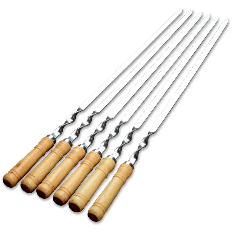 BBQ Accessories 6Pcs 22inch Metal Wooden Handle Stainless Steel Long BBQ Skewer