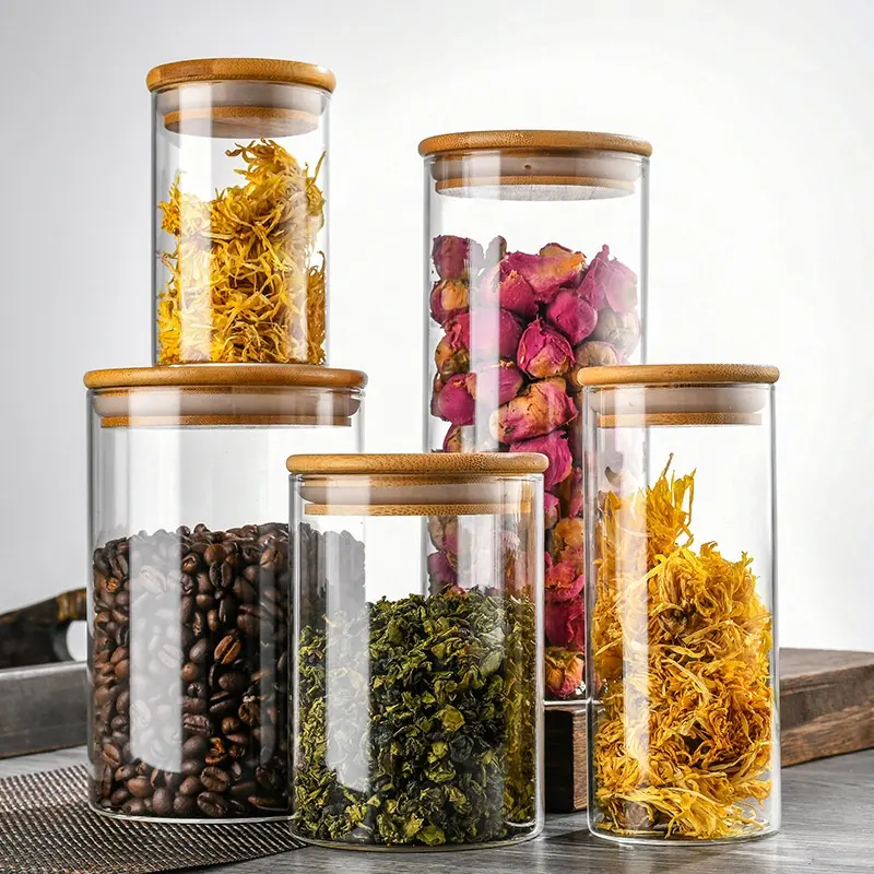 Multifunzione diverse dimensioni vetro vasetti con coperchi in legno Canister set per la cucina organizzatori e la conservazione degli alimenti