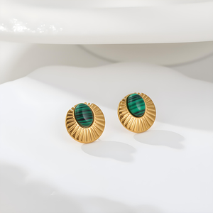 Boucles d'oreilles en acier inoxydable doré à dentelle plissée en pierre naturelle, boucles d'oreilles à clous polyvalentes, boucles d'oreilles rétro françaises pour femmes - Product Image 3