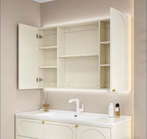 Customized 5 <b>Star</b> Hotel Luxury Bathroom Cabinet Wall Hung Double Sink Solid Wood Marble <b>Top</b> Smart Mirror With LED Lighting - Product Image 6