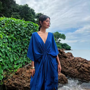 Blue Maxi Cotton <b>Dress</b> With V Neck <b>Long</b> Sleeves Drawstring Waist Flowing Silhouette Side Slit Relaxed Resort Style Kaftan <b>Dress</b> - Product Image 1