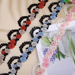 Dentelle française multicolore écologique en polyester, broderie de fleurs roses, accessoires pour vêtements, artisanat domestique, dentelle soluble dans l'eau de 4 cm - Product Image 3