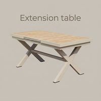 Nouvelle table télescopique d'extérieur en aluminium à structure en X, extensible, avec plateau en bois composite, pour projets hôteliers de luxe