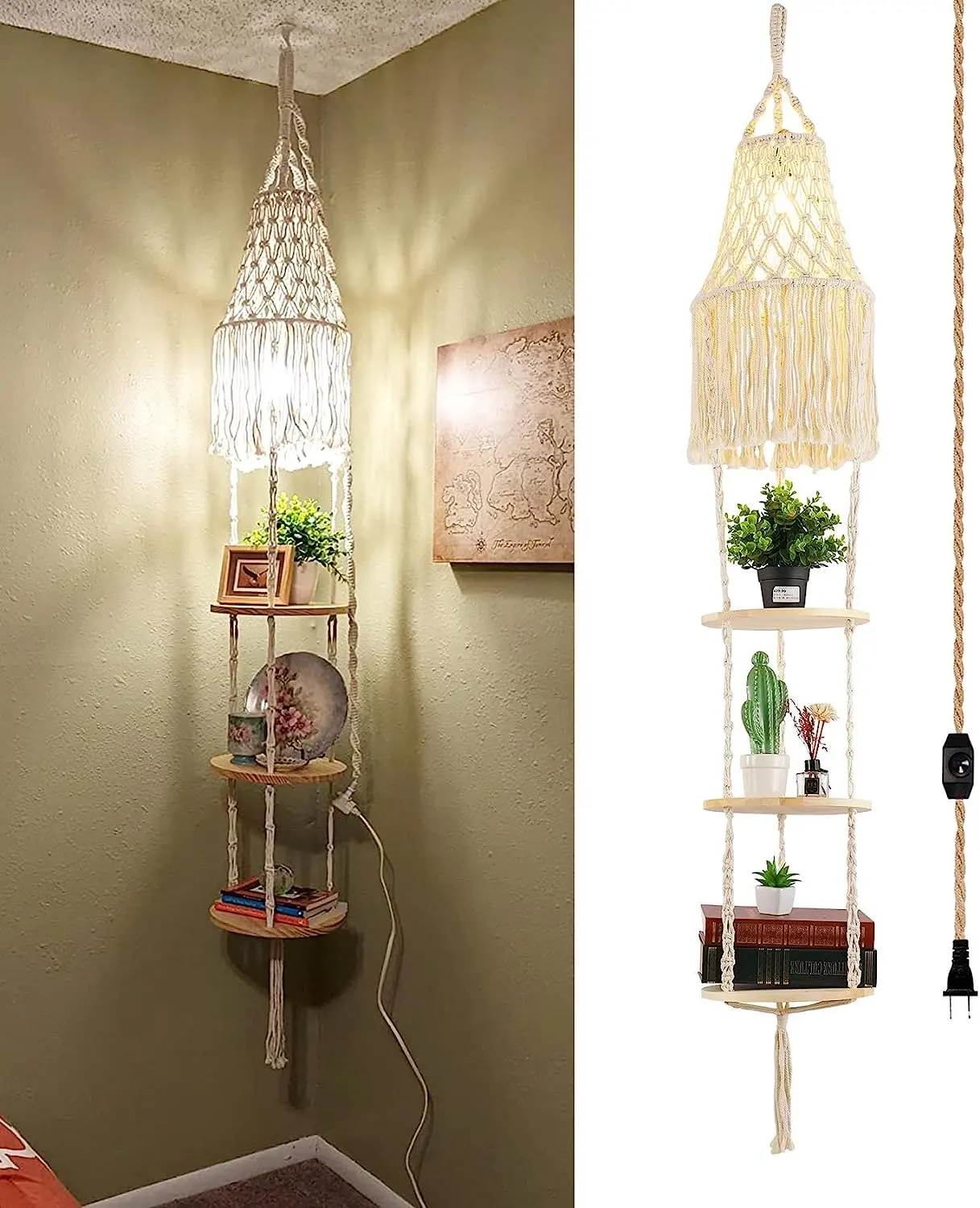 Lámpara colgante con enchufe OPPstable, estante colgante de 3 niveles para plantas, estantes, lámpara de araña de decoración Bohemia