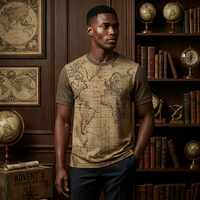 T-shirt pour homme avec logo personnalisé, imprimé carte du monde vintage - 100% coton tricoté, lavé, texture rétro, manches courtes, OEM/ODM