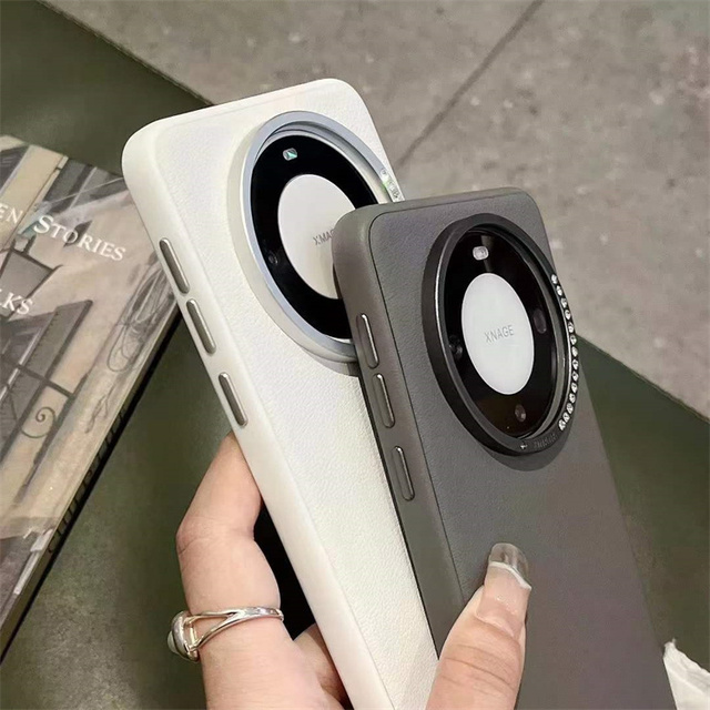 Custom LOGO Metal Lens Frame Shockproof Armor Leather Phone Case for Huawei Mate 60 Pro Pro+ RS Ultimate