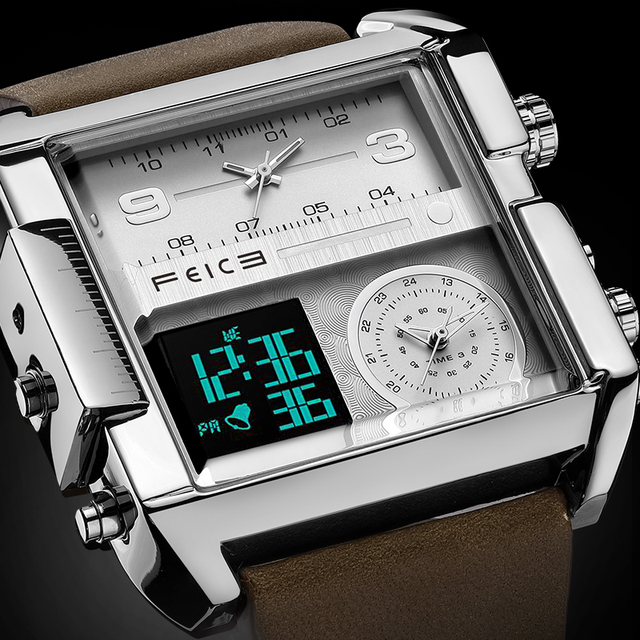 FELCE FK030 New Wristwatch Business Digital LED Leather Men's Watches Men Big Square Dial Analog Quartz 30M Waterproof Watches